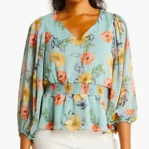 Philosophy Elastic Waist Floral Print V-Neck Blouse
